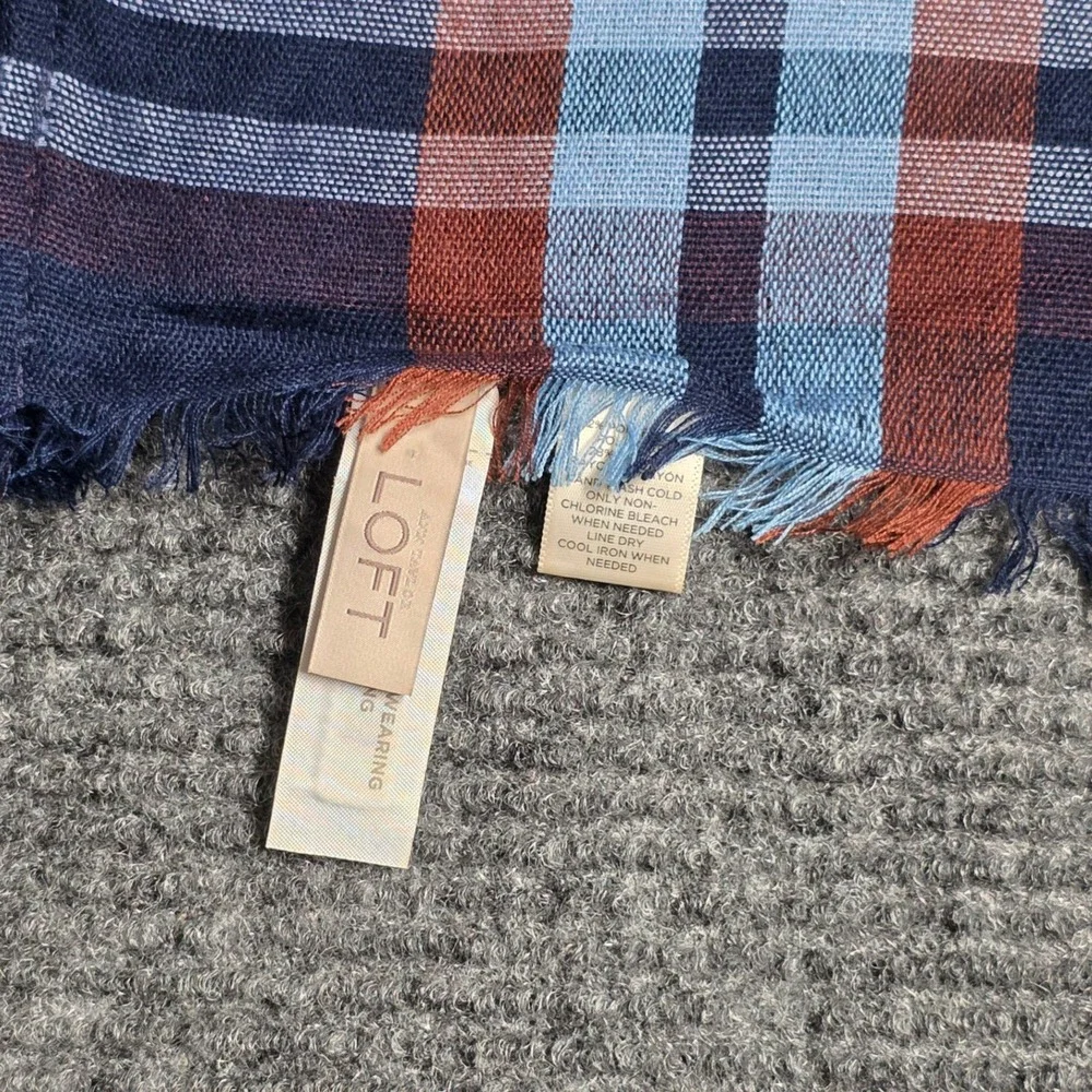Loft Plaid Infinity Scarf Women's One Size Navy Blue Rust Orange‎ Eyelash Fringe